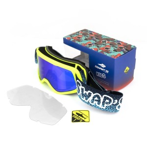 Masque Cross BUBBLE KID - JAUNE FLUO - Bandeau BLEU - Ecran Iridium Bleu